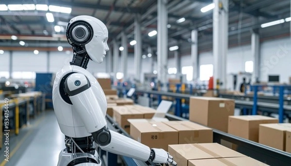 Fototapeta A futuristic robot working in a factory