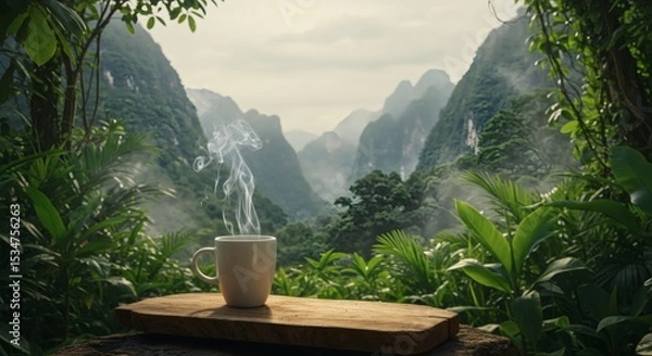 Obraz A cinematic jungle scene featuring a white coffee cup with steam rising, placed on a wooden slab amid tropical greenery, mountain peaks in the distance, and floating jungle mist.
