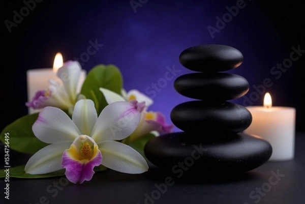 Obraz stack of pebbles and two candles on a table with orchids