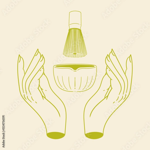 Obraz Matcha tea illustration set. Original hand-drawn green tea illustrations featuring matcha brewing utensils, a bamboo matcha whisk, and a Japanese matcha green tea brewing brush for posters, cards, caf