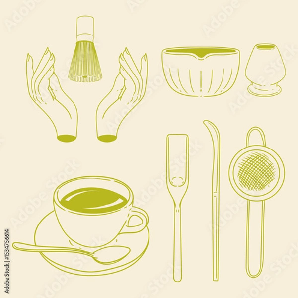 Obraz Matcha tea illustration set. Original hand-drawn green tea illustrations featuring matcha brewing utensils, a bamboo matcha whisk, and a Japanese matcha green tea brewing brush for posters, cards, caf