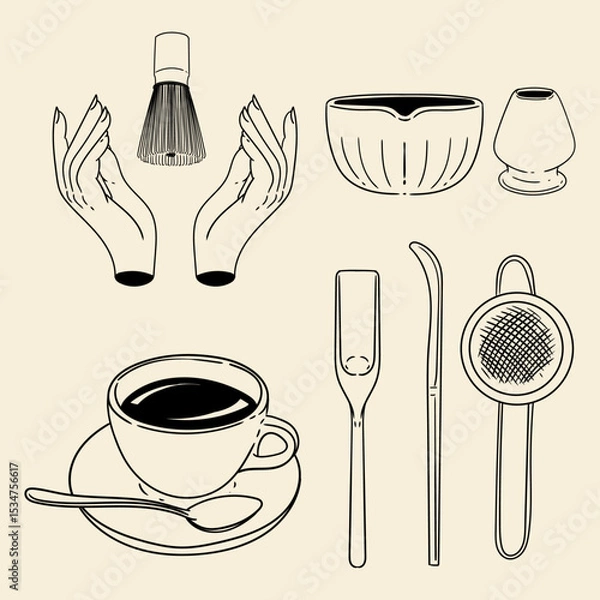 Obraz Matcha tea illustration set. Original hand-drawn green tea illustrations featuring matcha brewing utensils, a bamboo matcha whisk, and a Japanese matcha green tea brewing brush for posters, cards