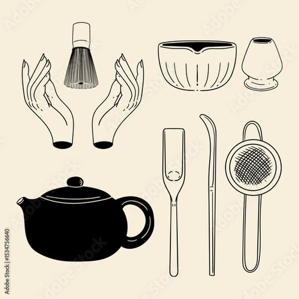 Obraz Matcha tea illustration set. Original hand-drawn green tea illustrations featuring matcha brewing utensils, a bamboo matcha whisk, and a Japanese matcha green tea brewing brush for posters, cards, caf