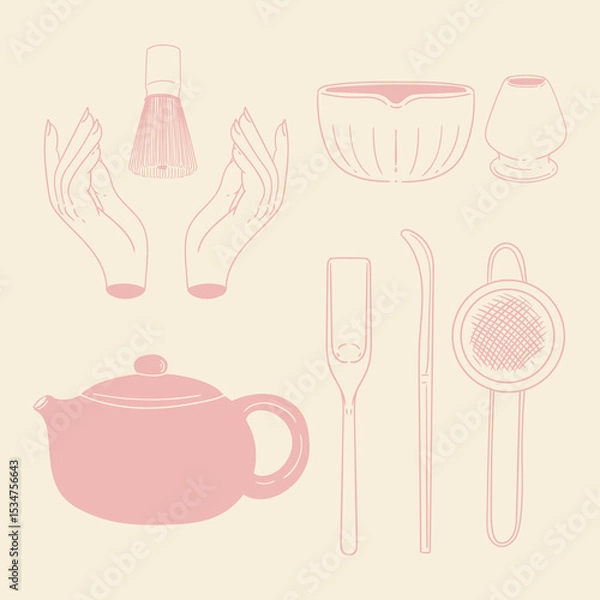 Obraz Matcha tea illustration set. Original hand-drawn green tea illustrations featuring matcha brewing utensils, a bamboo matcha whisk, and a Japanese matcha green tea brewing brush for posters, cards, caf