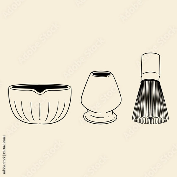 Obraz Matcha tea illustration set. Original hand-drawn green tea illustrations featuring matcha brewing utensils, a bamboo matcha whisk, and a Japanese matcha green tea brewing brush for posters, cards, caf