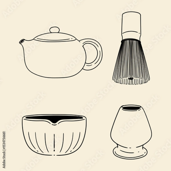 Obraz Matcha tea illustration set. Original hand-drawn green tea illustrations featuring matcha brewing utensils, a bamboo matcha whisk, and a Japanese matcha green tea brewing brush for posters, cards, caf