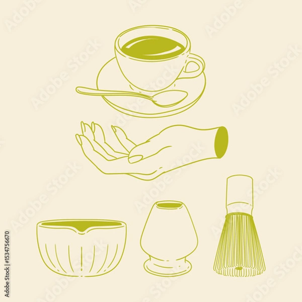 Obraz Matcha tea illustration set. Original hand-drawn green tea illustrations featuring matcha brewing utensils, a bamboo matcha whisk, and a Japanese matcha green tea brewing brush for posters, cards, caf