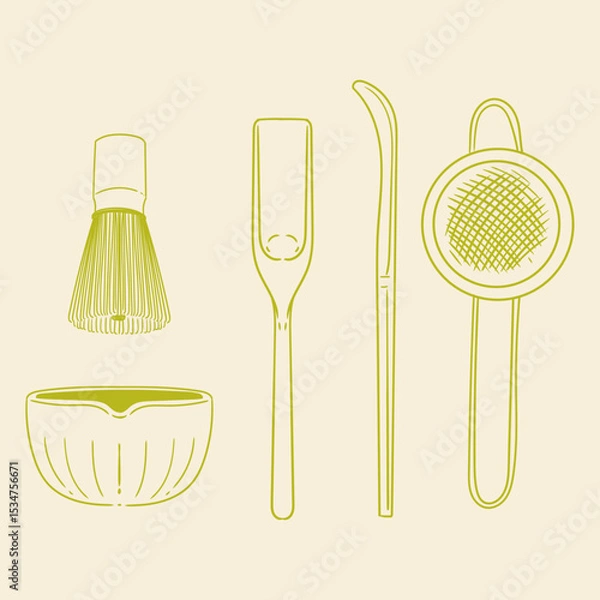 Obraz Matcha tea illustration set. Original hand-drawn green tea illustrations featuring matcha brewing utensils, a bamboo matcha whisk, and a Japanese matcha green tea brewing brush for posters, cards, caf