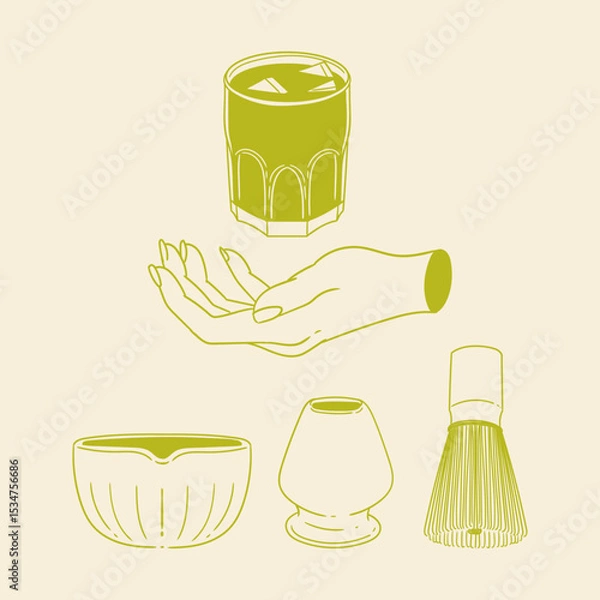 Obraz Matcha tea illustration set. Original hand-drawn green tea illustrations featuring matcha brewing utensils, a bamboo matcha whisk, and a Japanese matcha green tea brewing brush for posters, cards, caf