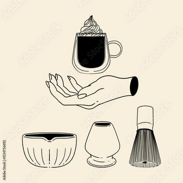 Obraz Matcha tea illustration set. Original hand-drawn green tea illustrations featuring matcha brewing utensils, a bamboo matcha whisk, and a Japanese matcha green tea brewing brush for posters, cards