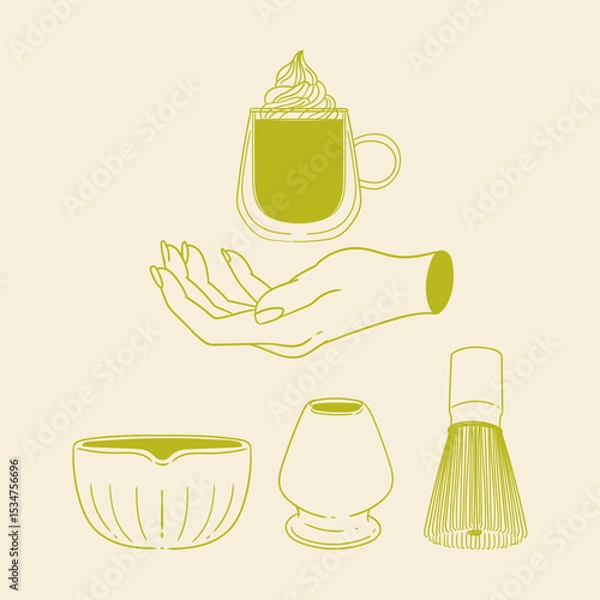 Obraz Matcha tea illustration set. Original hand-drawn green tea illustrations featuring matcha brewing utensils, a bamboo matcha whisk, and a Japanese matcha green tea brewing brush for posters, cards, caf