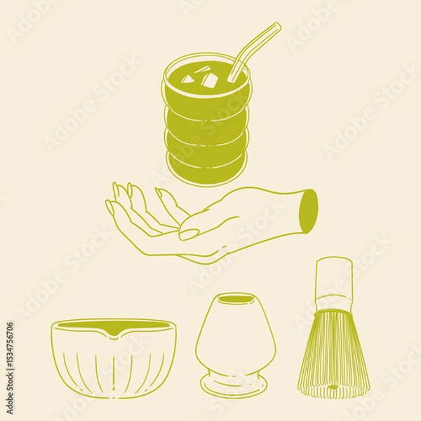 Obraz Matcha tea illustration set. Original hand-drawn green tea illustrations featuring matcha brewing utensils, a bamboo matcha whisk, and a Japanese matcha green tea brewing brush for posters, cards, caf
