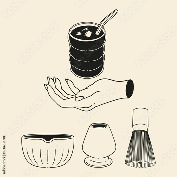 Obraz Matcha tea illustration set. Original hand-drawn green tea illustrations featuring matcha brewing utensils, a bamboo matcha whisk, and a Japanese matcha green tea brewing brush for posters, cards, caf