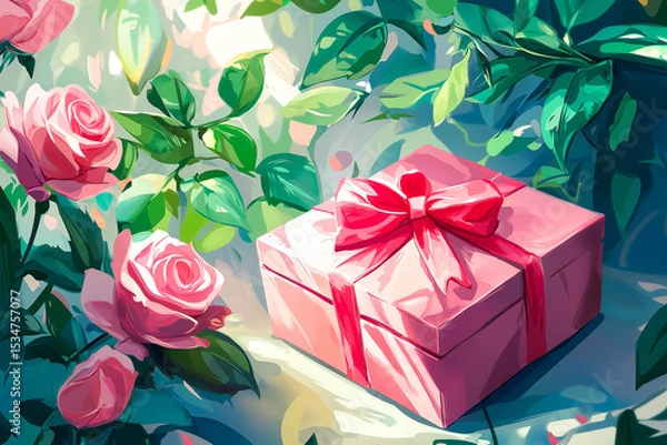 Obraz Valentines day card with gift box and rose flowers