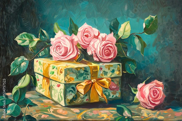 Obraz Valentines day card with gift box and rose flowers