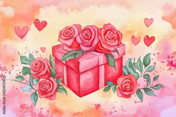 Obraz Valentines day card with gift box and rose flowers