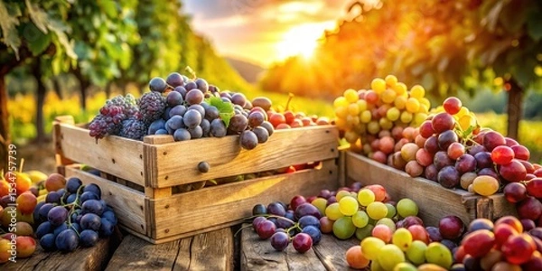 Obraz Golden Hour Vineyard Harvest: Close-up of Grapes & Stone Fruits in Wooden Crates