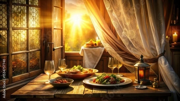 Obraz Golden Hour Food Photography: Illuminated Window Curtain Backdrop, Wardrobe Setting, Delicious Meal