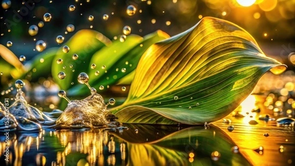 Obraz Golden Hour Water Hyacinth: Macro Photography of Water Droplets Splashing on Leaf