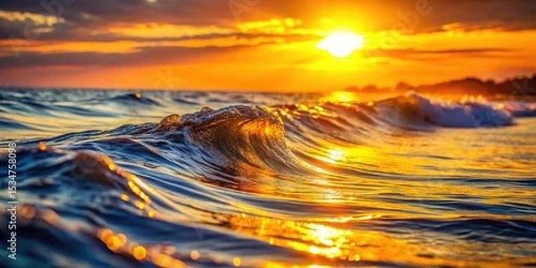 Obraz Golden Sunset Ocean Waves, High Depth of Field, Peaceful Seascape, Magical Water Reflection, Sunlit Ocean Photography