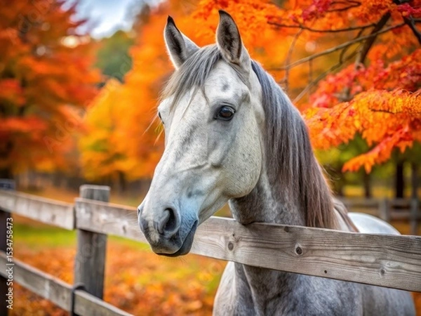 Obraz Gray Horse Autumn Paddock Banner - Fall Foliage, High Depth of Field, Equine Photography