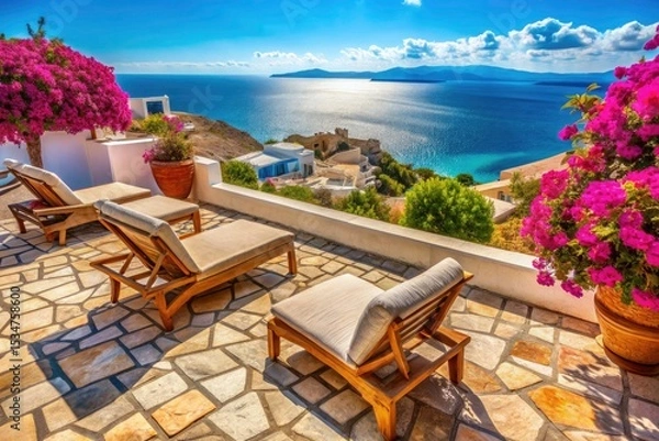 Obraz Grecian Coastal Relaxation: Aerial View of Recliners on Stone Patio