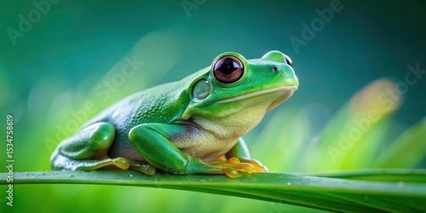 Obraz Green Frog Long Exposure Photography, Nature Macro, Amphibian, Green Background, Wildlife, Closeup