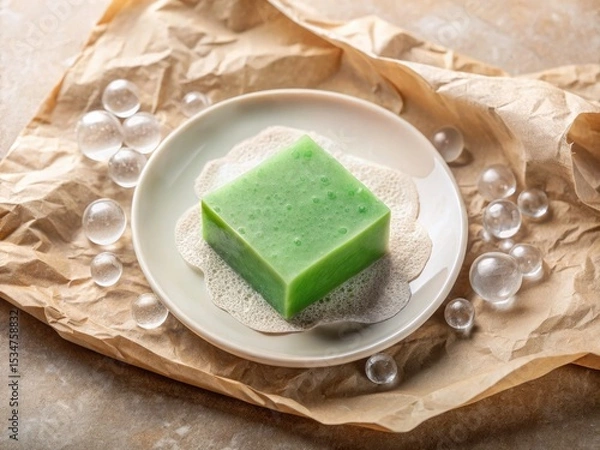 Obraz Green Natural Soap Bar, Hygiene Bubbles, Flat Lay, Closeup, White Plate, Brown Paper Background