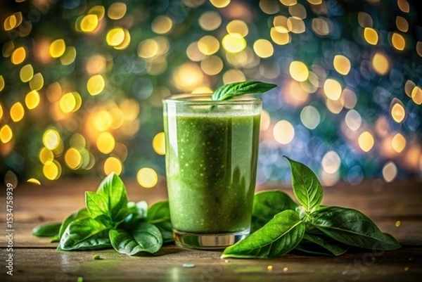 Obraz Green Smoothie PNG, Spinach Basil Beverage, Healthy Drink Photo, Bokeh Background,  Isolated Food Image