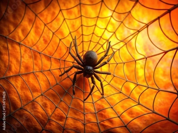 Obraz Halloween Spider Web, Black Spider, Orange Background - AI Generated Photo