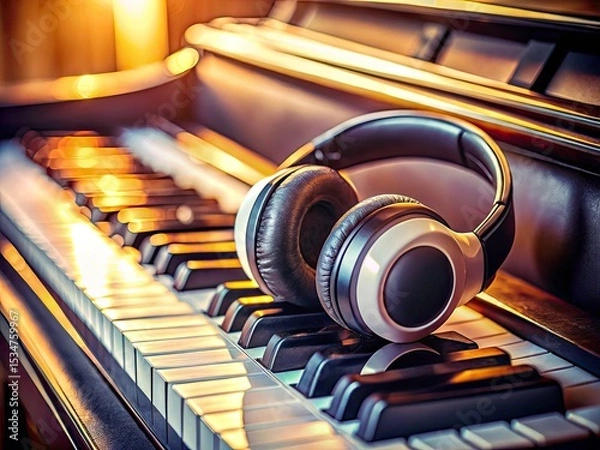 Obraz Headphone on Piano Keys: High-Resolution Photo, Musical Instrument, Audio, Depth of Field, Close-up