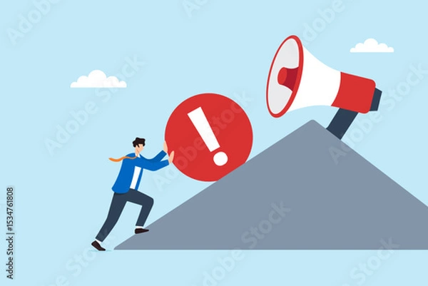 Fototapeta Flat illustration of businessman pushing red warning symbol uphill to megaphone peak to broadcast urgent message with maximum impact