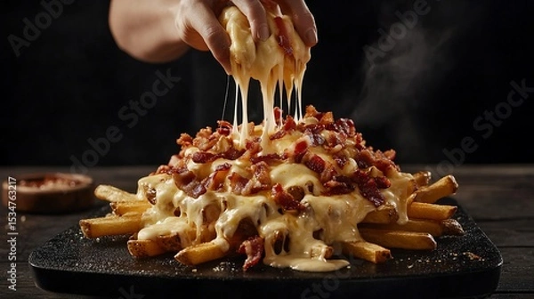 Fototapeta Delicious cheesy bacon fries topped and dripping with melted cheese