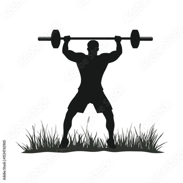 Obraz Weightlifter Silhouette Overhead Press - Man Lifting Barbell in Grass Vector