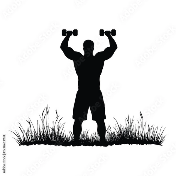 Obraz Bodybuilder Silhouette Lifting Dumbbells - Man Working Out in Grass Vector