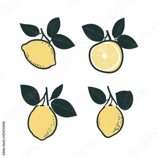 Obraz Lemon Fruit Silhouette with Half Cut and Leaves Vector