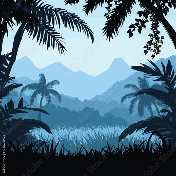 Obraz Hawaiian Hula Dancer Silhouette on Beach with Palm Trees at Sunset Vector