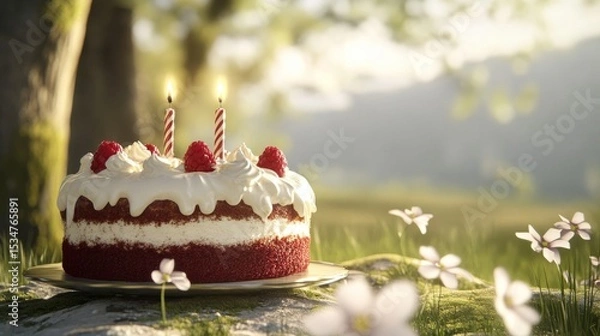 Fototapeta Stunning Red Velvet Cake with Raspberries in Nature happy birthday background