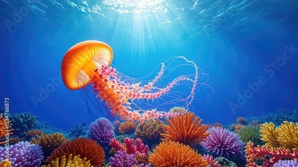 Obraz Radiant Jellyfish Drifting in Azure Waters Above a Vibrant Coral Reef Habitat Bathed in Sunlit Ocean Depth