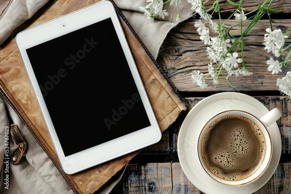 Fototapeta Premium Quality Picture of Coffee and Notebook Near Tablet