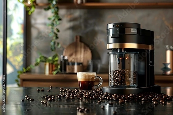 Fototapeta High Detail Visual of Coffee Beans and a Coffee Maker