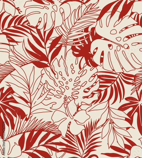 Fototapeta seamless pattern Exotic   wallpaper of tropical flowers   leaves of palm trees and flowers bird of paradis, hibiscus, artwork for fabrics, souvenirs, packaging, greeting cards 