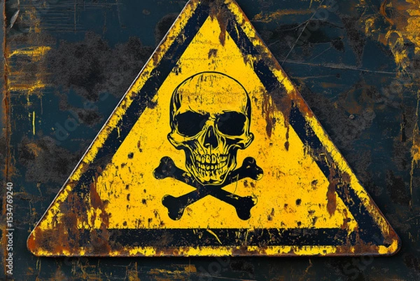 Obraz Yellow triangular sign. Grungy style danger sign with skull and cross bones. Rusty. Warning. Caution. Hazard. Danger. Worn out.