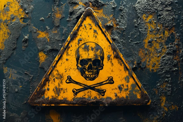 Obraz Yellow triangular sign. Grungy style danger sign with skull and cross bones. Rusty. Warning. Caution. Hazard. Danger. Worn out.
