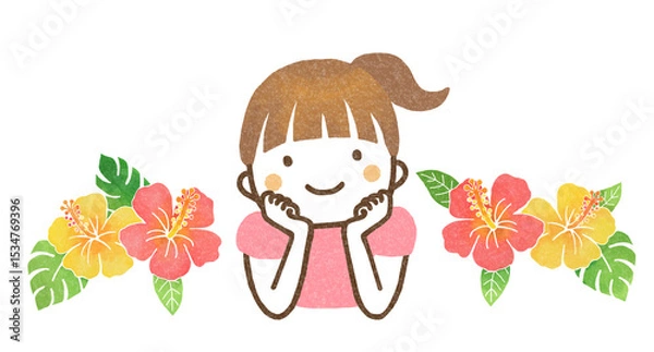 Obraz 頬杖をつく女の子とハイビスカスの花