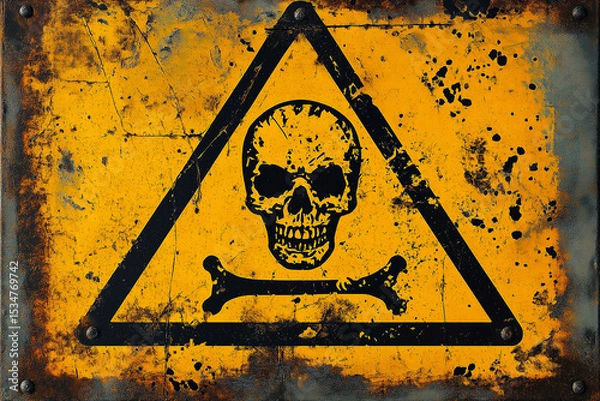 Obraz Yellow triangular sign. Grungy style danger sign with skull and cross bones. Rusty. Warning. Caution. Hazard. Danger. Worn out.
