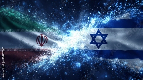 Fototapeta  Iran and Israel flag with motion animation and sparks. fire