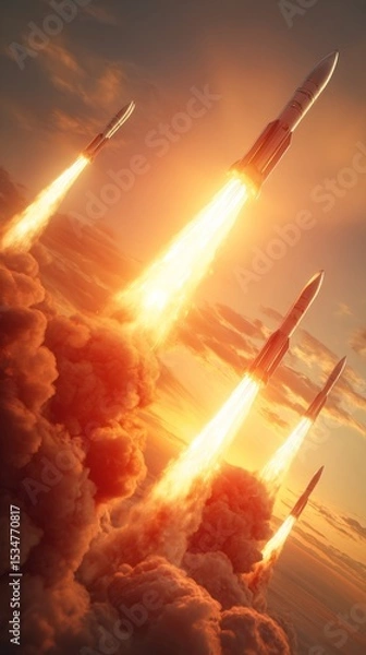 Fototapeta The missiles are aimed at the sky at sunset with Iran flag. Bomb, chemical weapons, missile defense, a system of salvo fire.