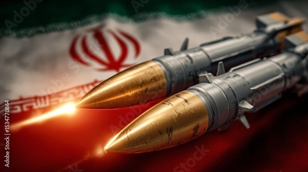 Fototapeta The missiles are aimed on background of Iran flag. Bomb, chemical weapons, missile defense, a system of salvo fire