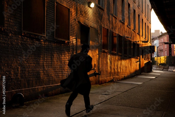 Fototapeta Person running during sunset in Brooklyn 